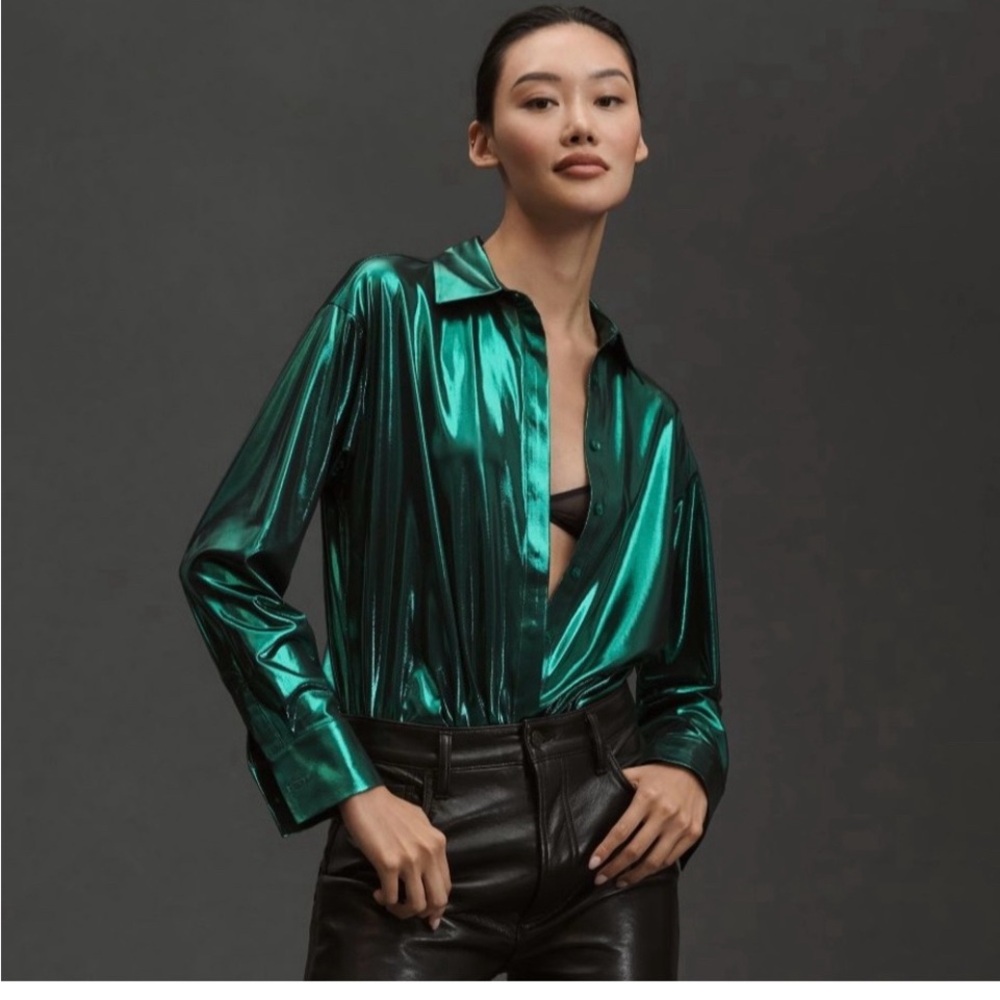 NWOT Anthropologie Liquid Metal Green button up shirt size L
